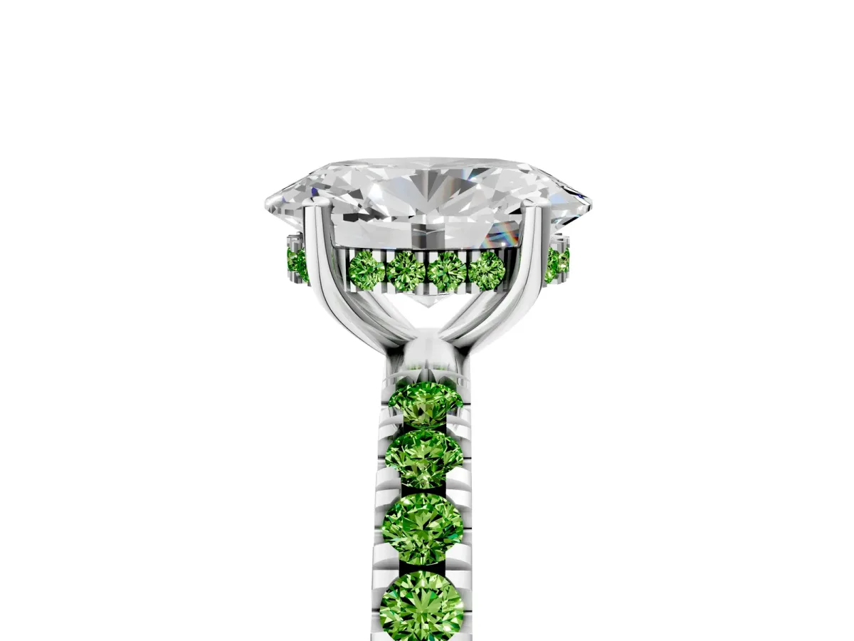 Oval Cut Diamond Pave Band Solitaire Ring with Round Peridot and Prong Setting Platinum