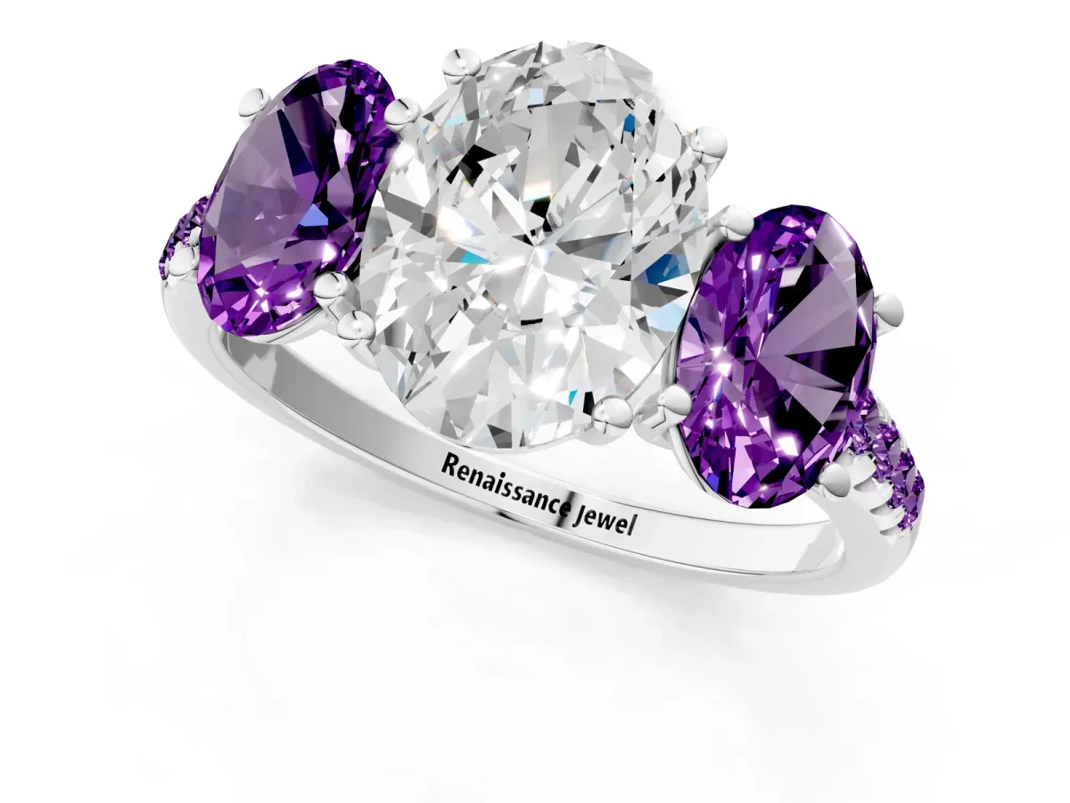Three-Stone Oval Cut Diamond Ring with Round Amethyst Pavé Band and Prong Setting Silver