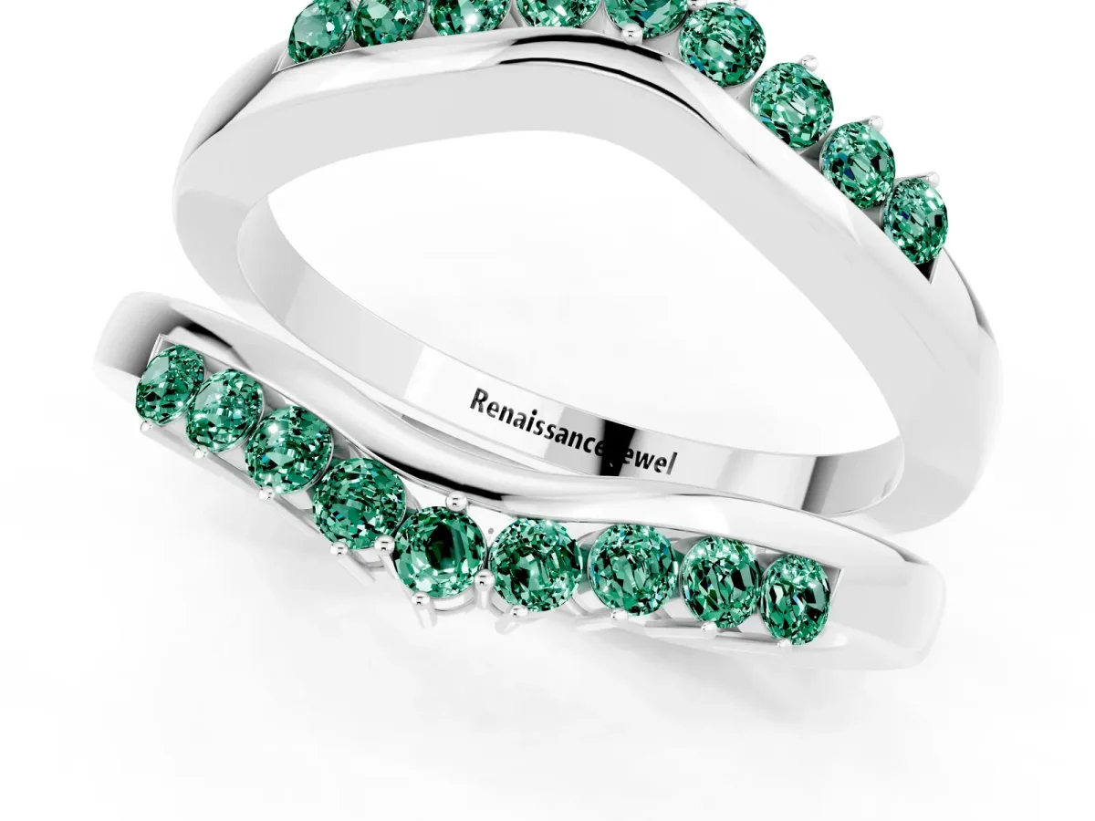 Round Green Sapphire Chevron Contour Band with Prong Setting Platinum