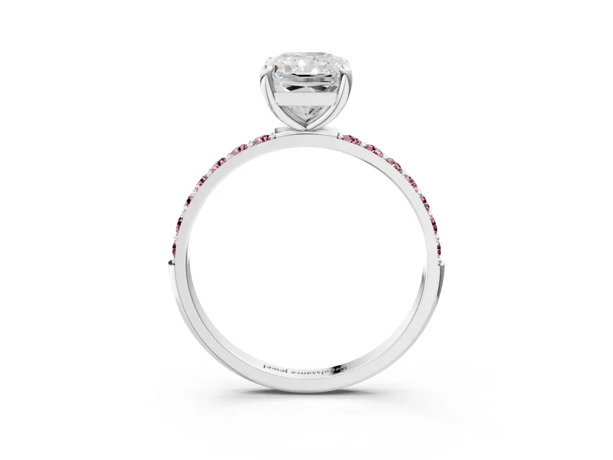 Radiant Cut Diamond Solitaire Ring with Round Morganite Pavé Band and Prong Setting Silver