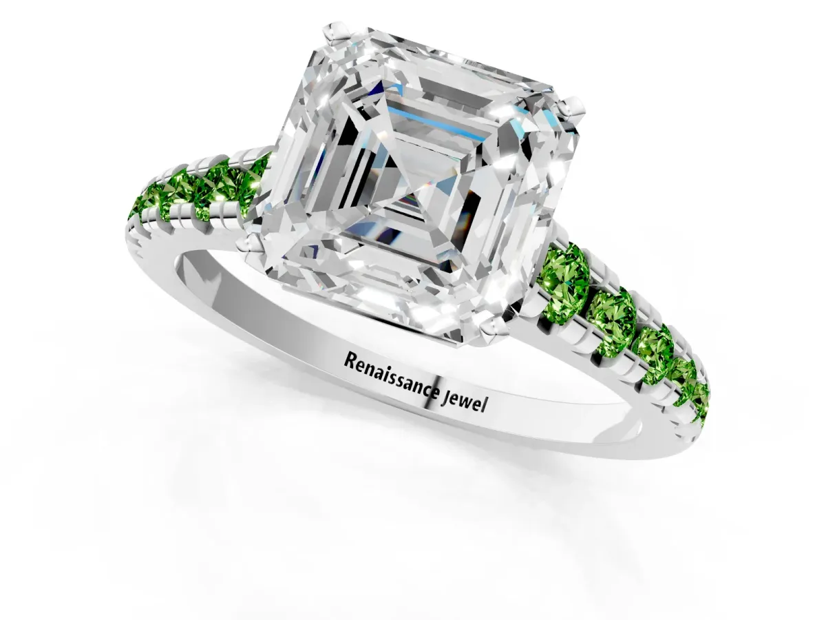 Asscher Cut Diamond Cathedral Solitaire Ring with Round Peridot Pavé Band Silver
