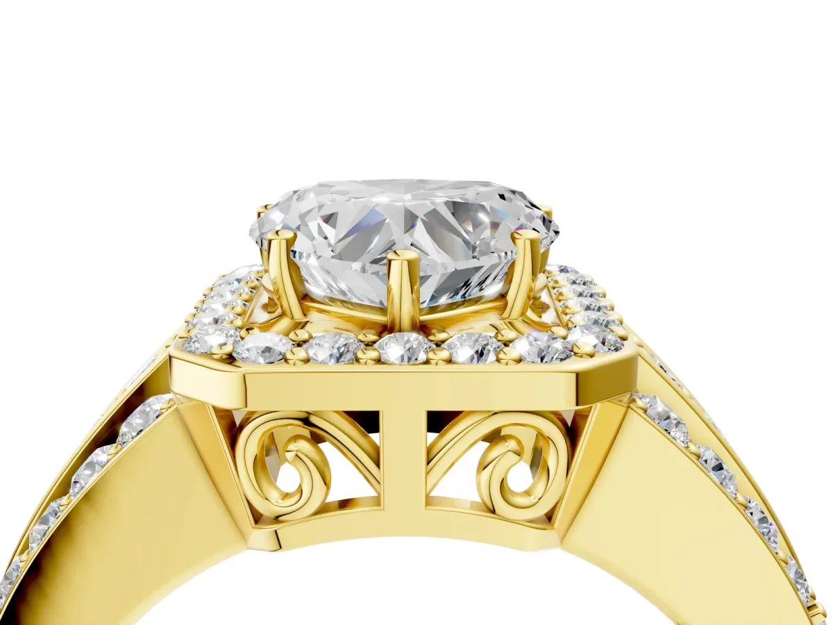 Heart Cut Halo Diamond Ring with Round Split Shank and Prong Setting Yellow gold