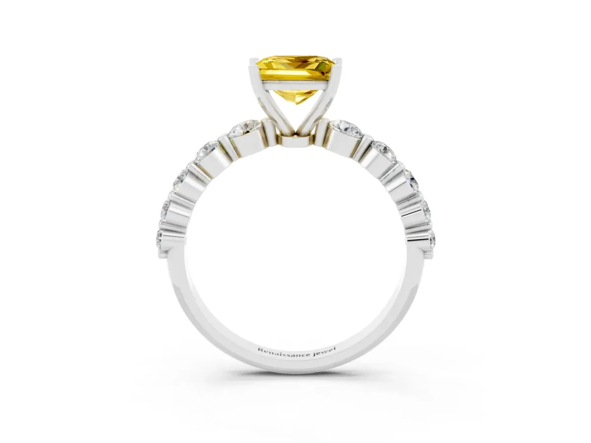 Princess Cut Solitaire Yellow Sapphire Ring with Pave Band and Four-Prong Setting Silver
