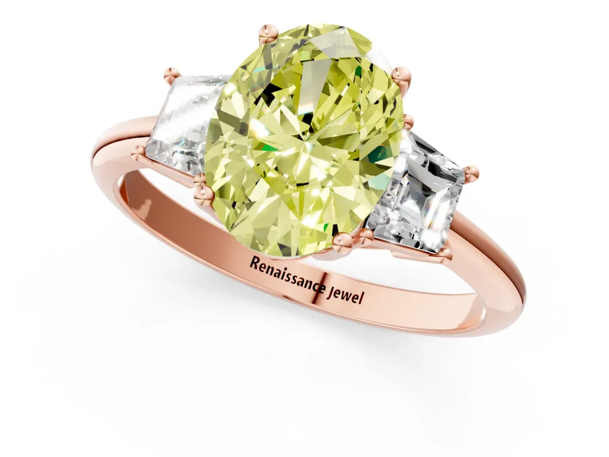Fancy Yellow Oval Cut Diamond Three-Stone Ring with Trapezoid Side Stones and Prong Setting Rose gold