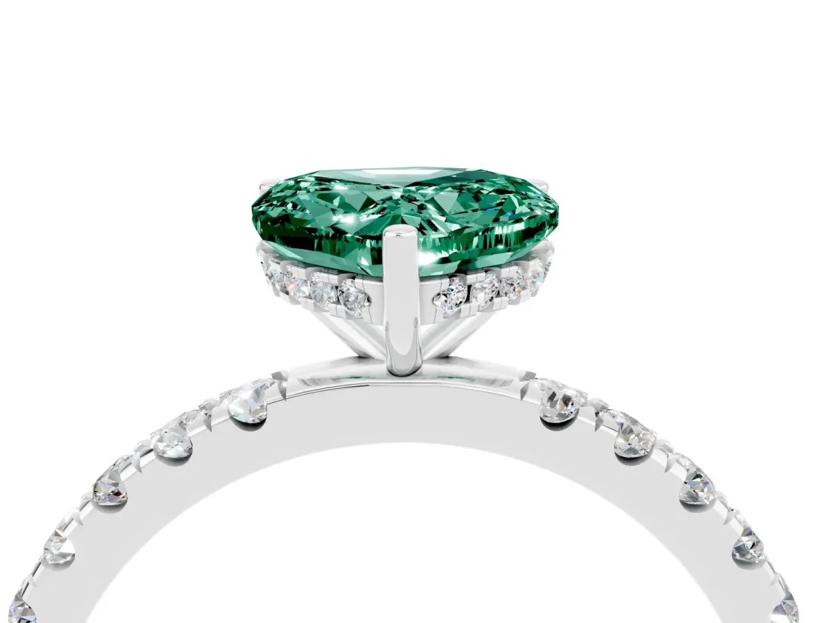 Heart Cut Green Sapphire Pave Band Solitaire Ring with Round and Prong Setting Silver