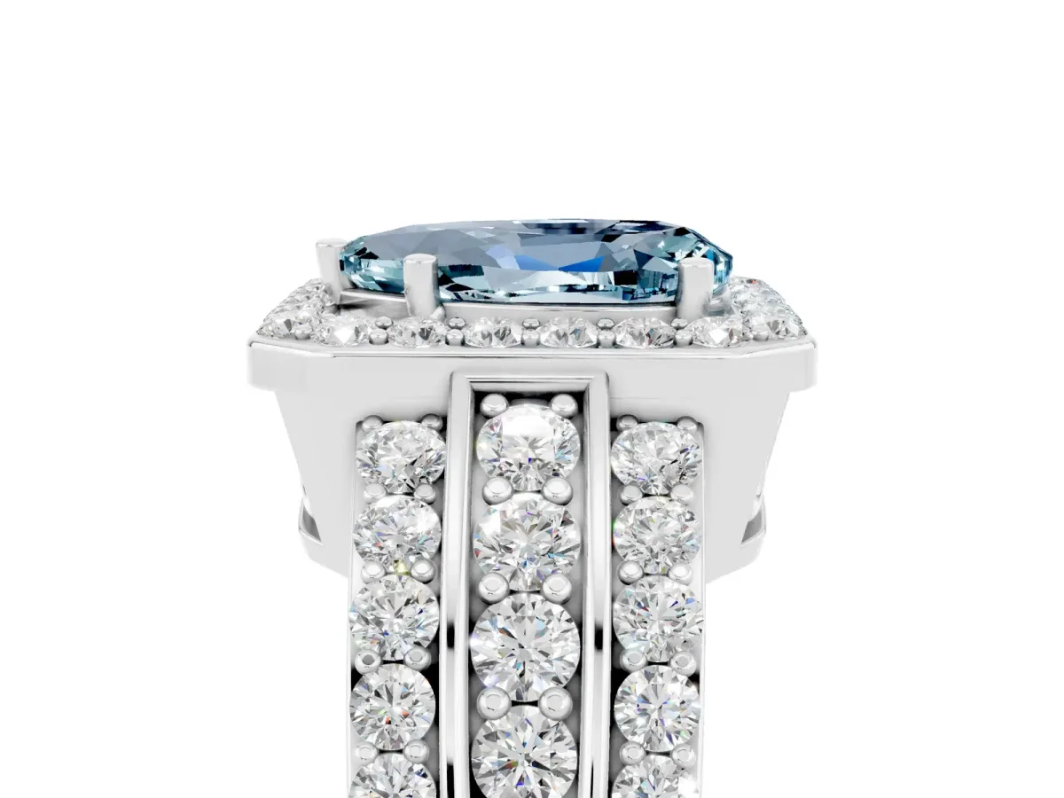 Pear Cut Halo Aquamarine Ring with Round Split Shank and Prong Setting Platinum