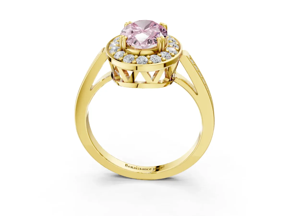 Fancy Pink Oval Cut Diamond Halo Ring with Split Shank and Four-Prong Setting Yellow gold