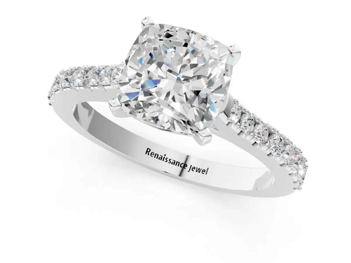 Cushion Cut Cut Solitaire Diamond Engagement Ring with Pave Band and Four-Prong Setting Silver