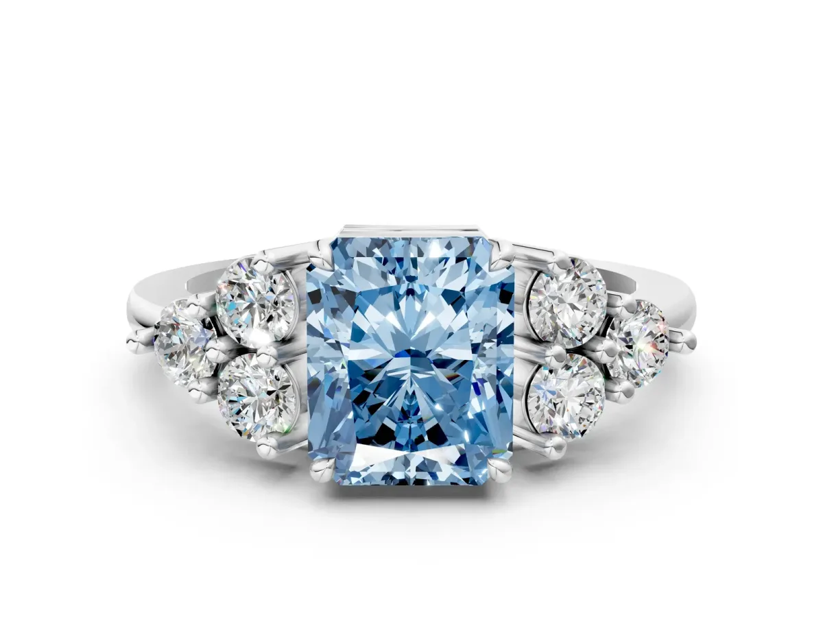 Fancy Blue Radiant Cut Brilliant Diamond Cluster Accent Solitaire Ring with Prong Setting Platinum