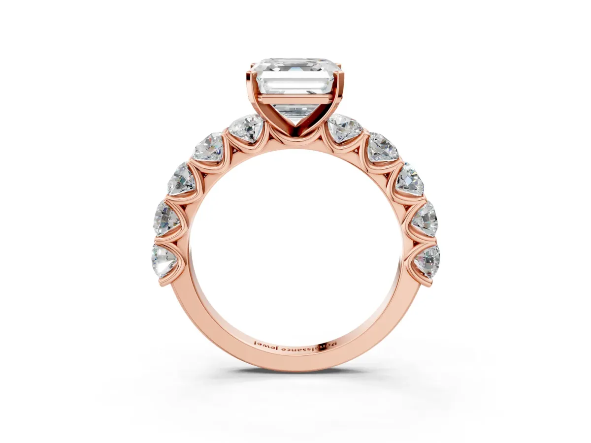 Asscher Cut Diamond Prong Setting with Side Stones on a Pave Band Rose gold