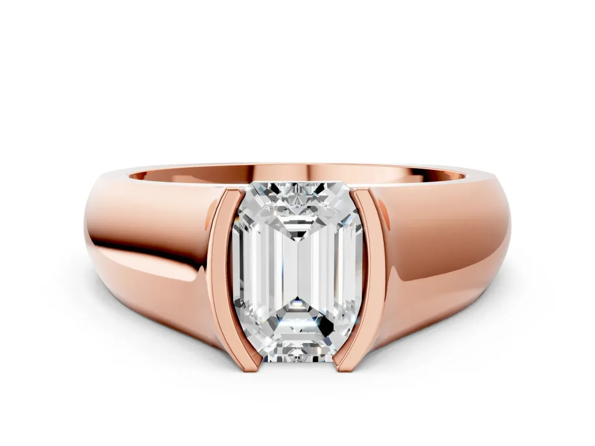 Emerald Cut Solitaire Bezel Set Diamond Ring with Wide Band Rose gold