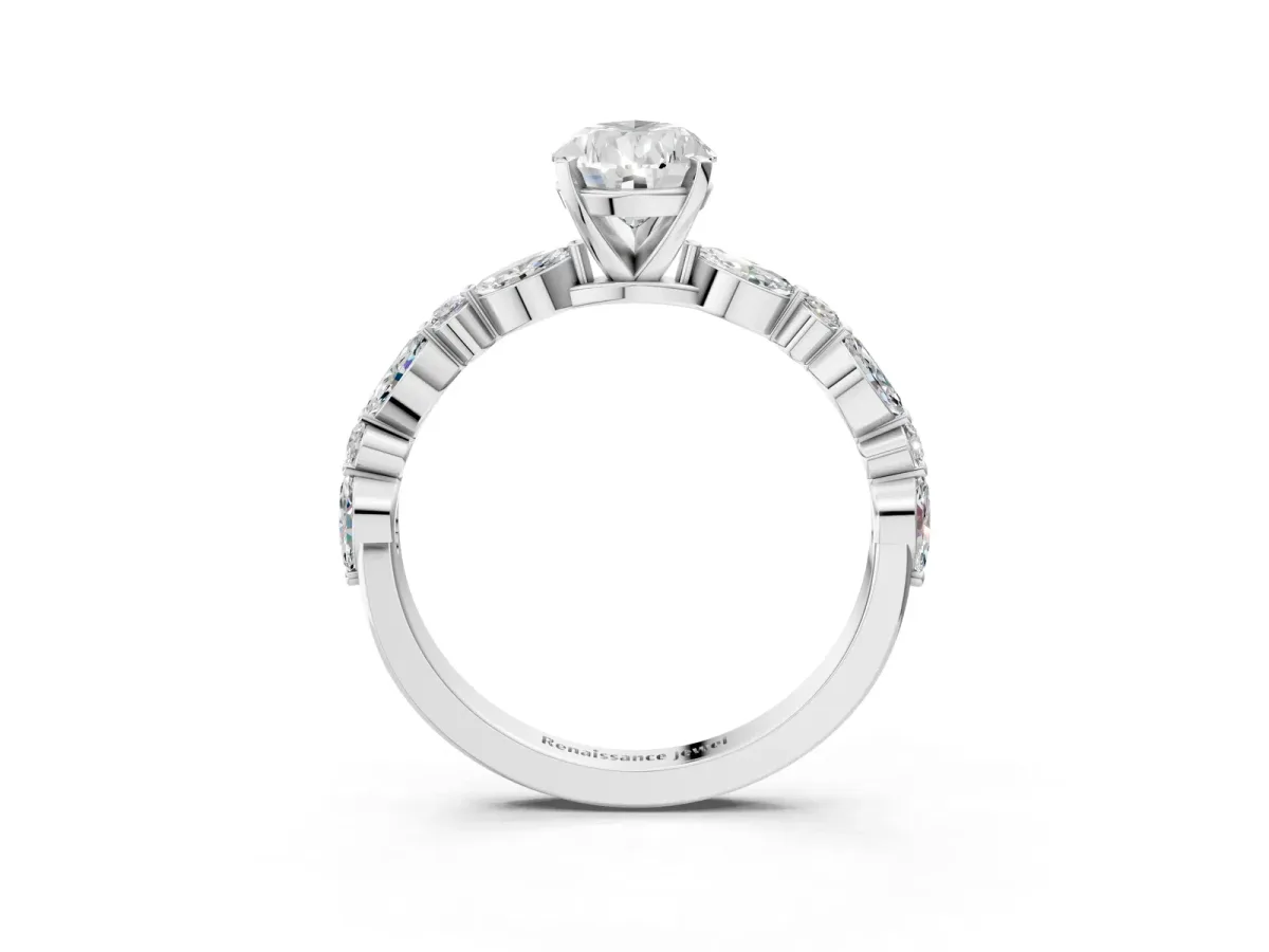 Pear Cut Diamond Ring with Marquise and Round Side Stones and Four-Prong Setting Silver