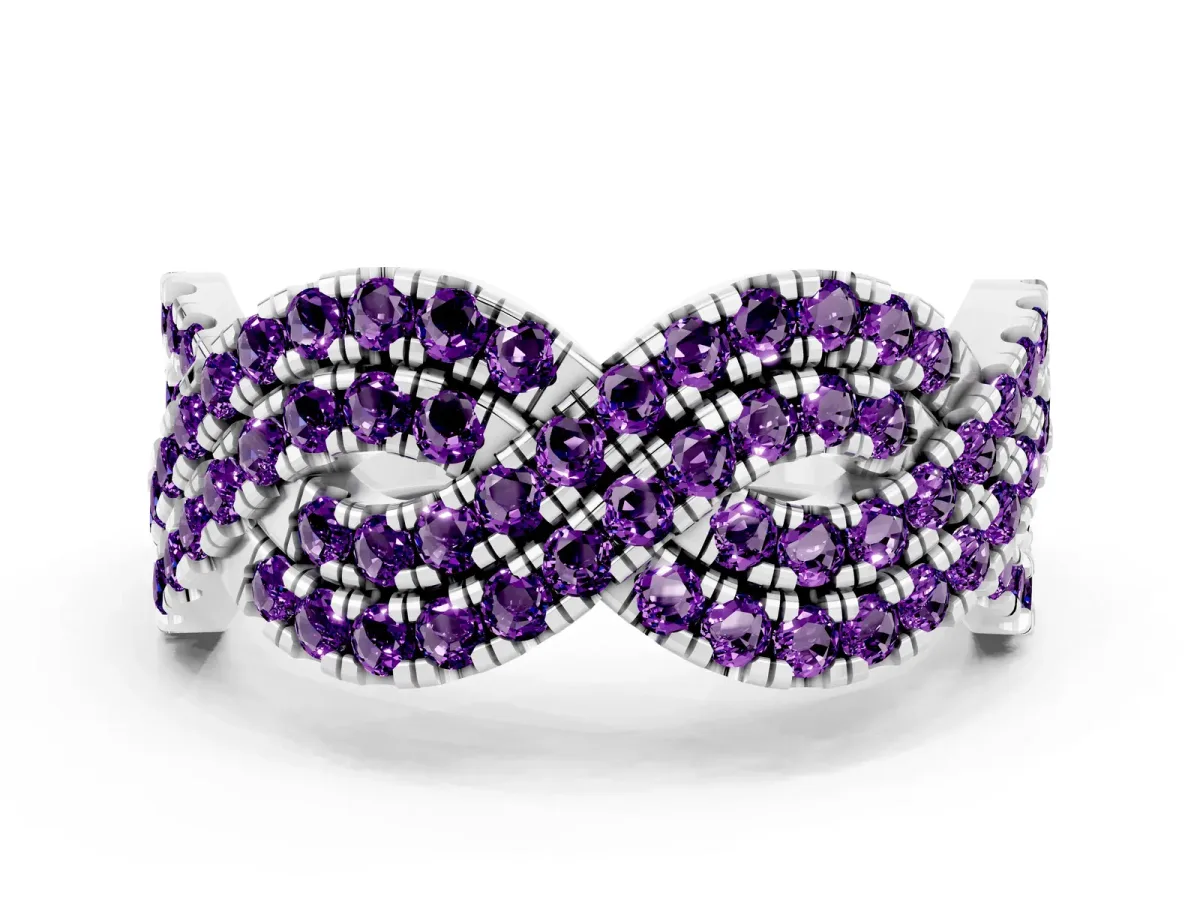 Pavé Round Amethyst Infinity Twist Band with Shared Prong Setting Silver