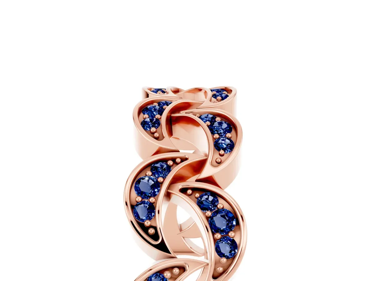 Pavé Round Blue Sapphire Interlocking Eternity Band with Bezel Prong Setting Rose gold