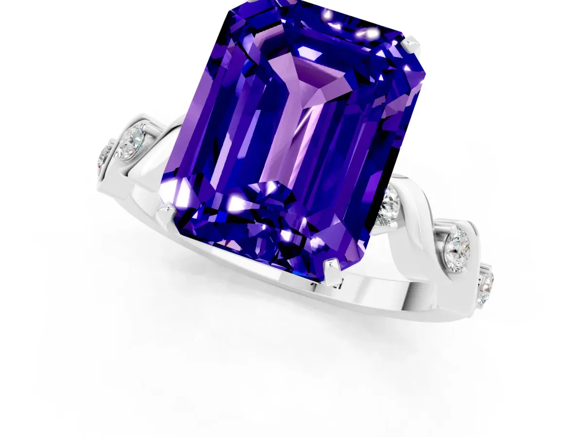 Emerald Cut Tanzanite Solitaire Twisted Band with Round Accents and Prong Setting Silver