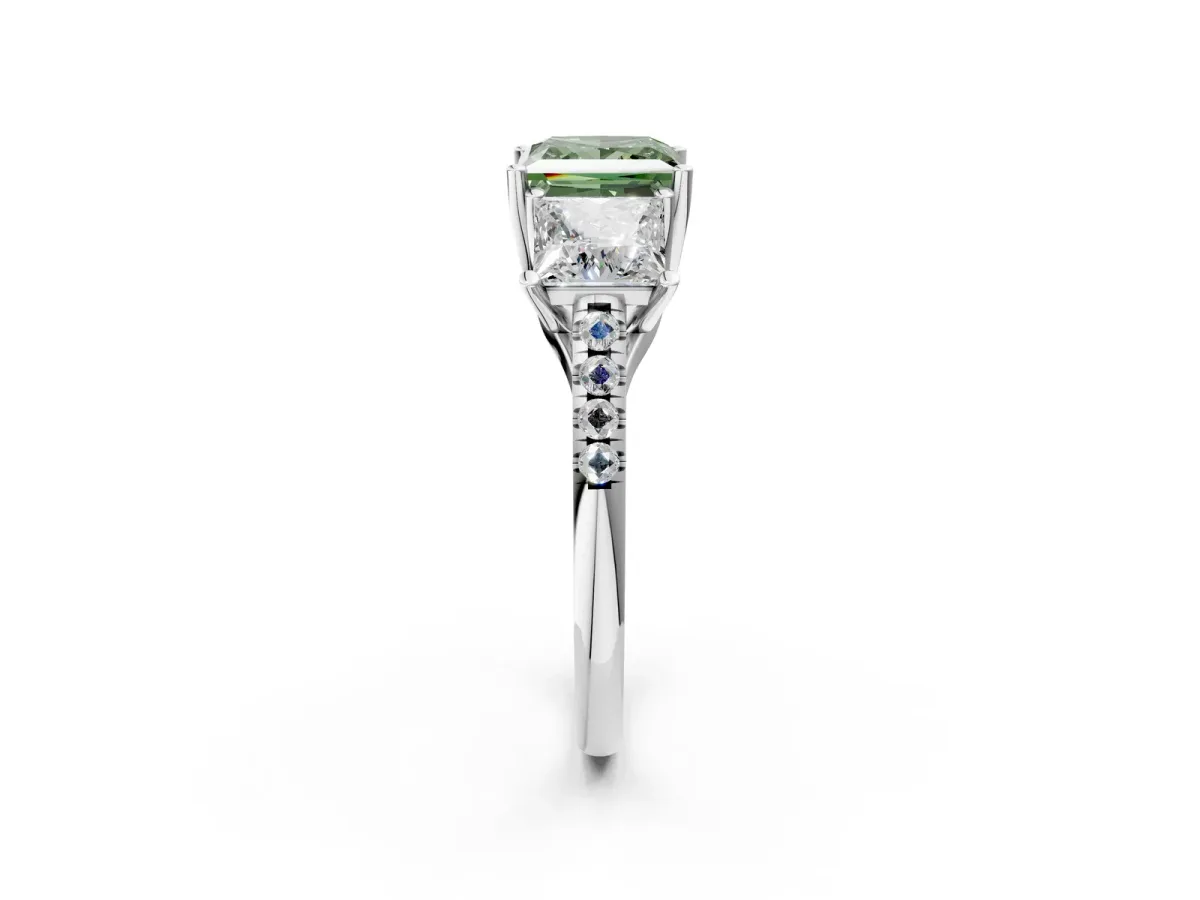 Fancy Green Three-Stone Princess Cut Diamond Ring with Round Pavé Band and Prong Setting Silver