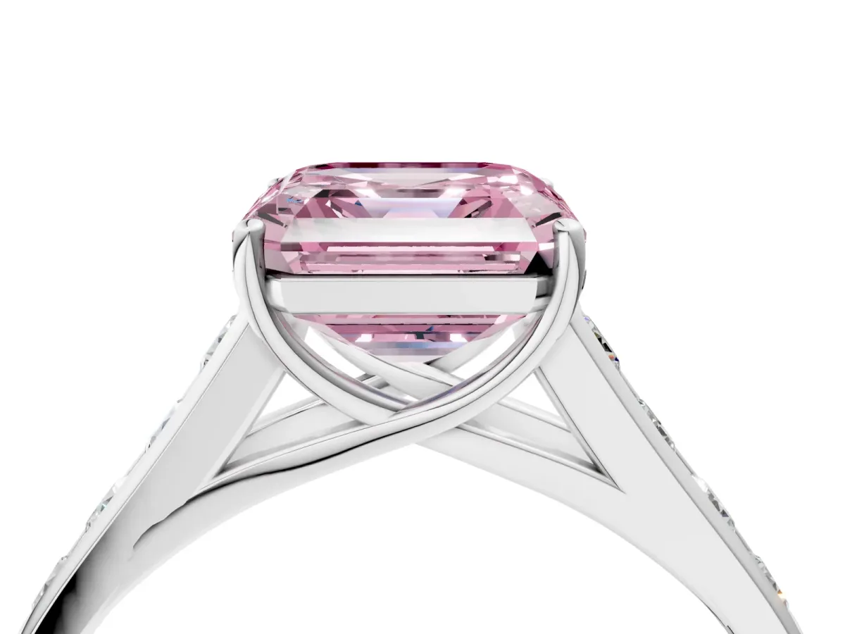 Fancy Pink Asscher Cut Solitaire Channel-Set Diamond Engagement Ring with Four-Prong Setting Platinum