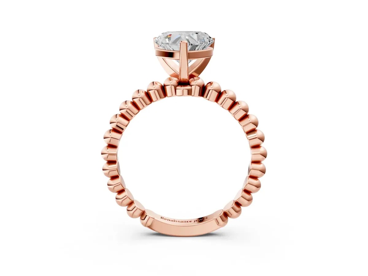 Heart Cut Diamond Solitaire Ring with Beaded Band and Prong Setting Rose gold