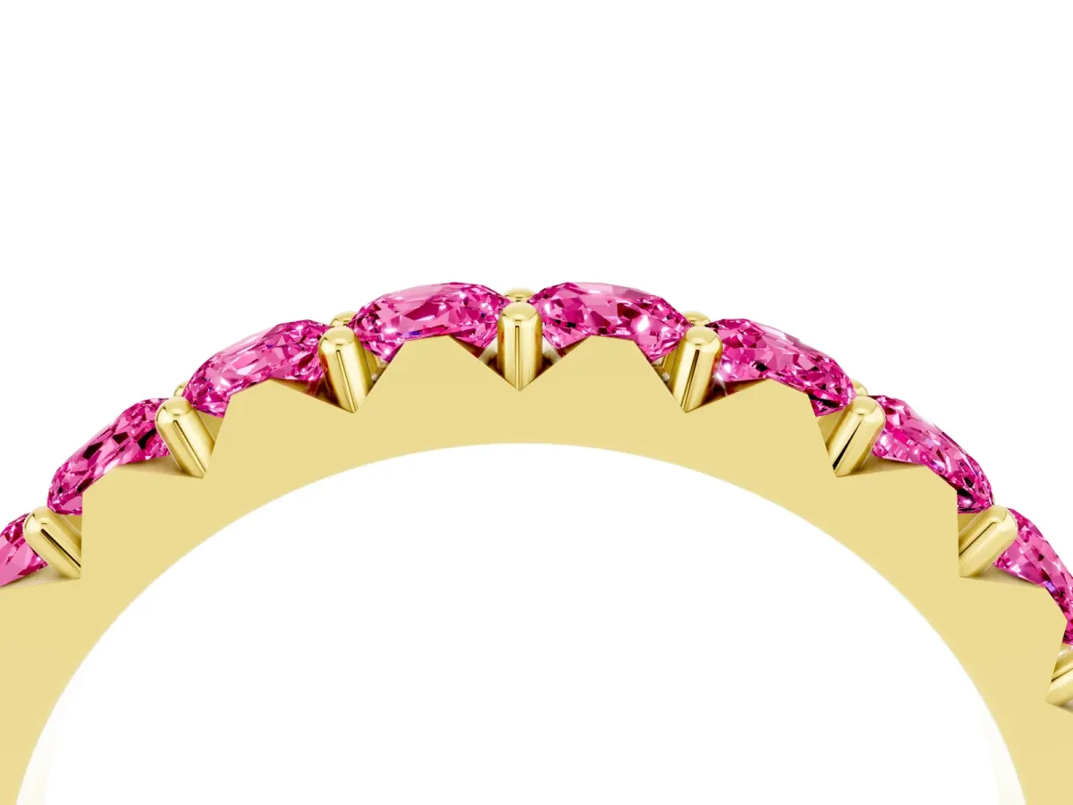 Round Pink Sapphire Half Eternity Band with Classic Prong Setting Yellow gold