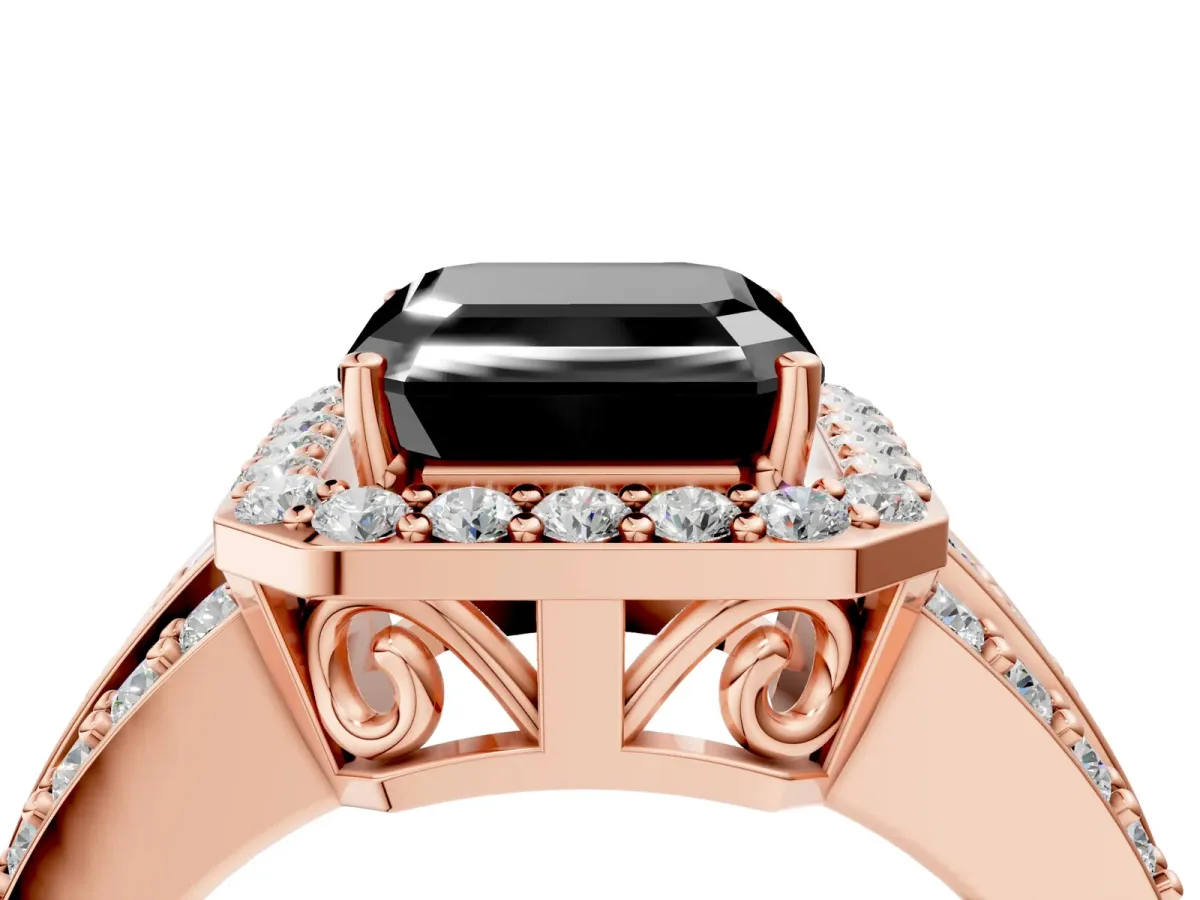 Fancy Black Asscher Cut Halo Diamond Ring with Round Split Shank and Prong Setting Rose gold