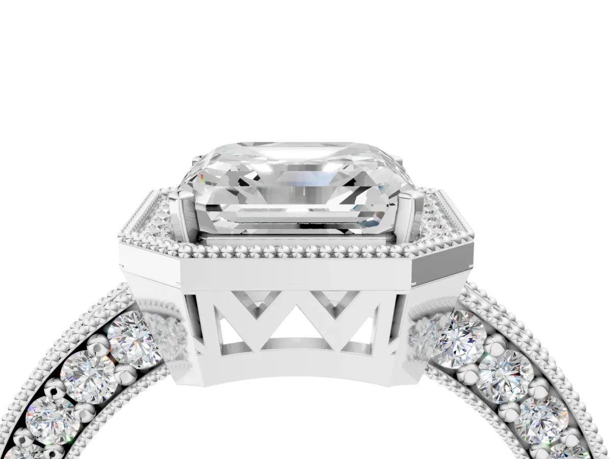 Asscher Cut Cut Halo Diamond Pave Band Ring with Four-Prong Setting Platinum