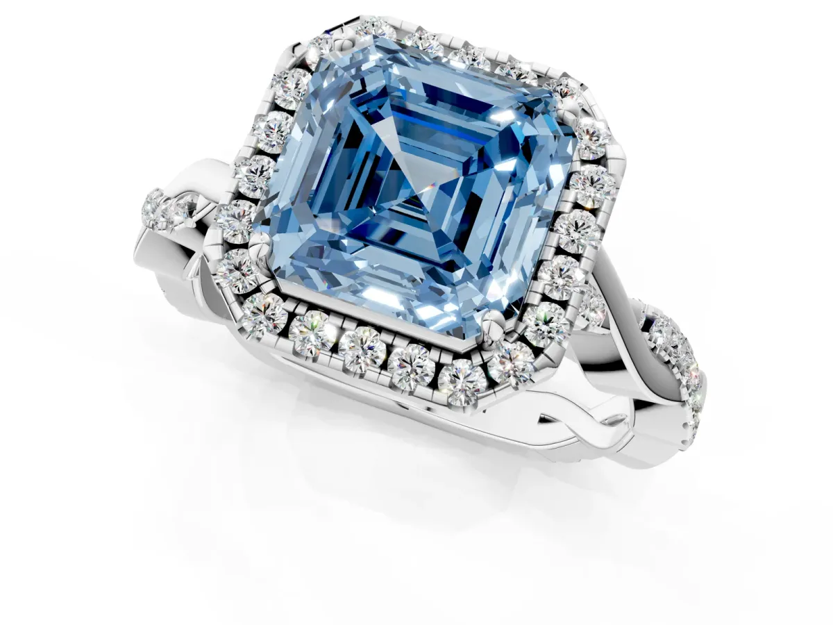 Fancy Blue Asscher Cut Halo Twist Band Solitaire Ring Platinum
