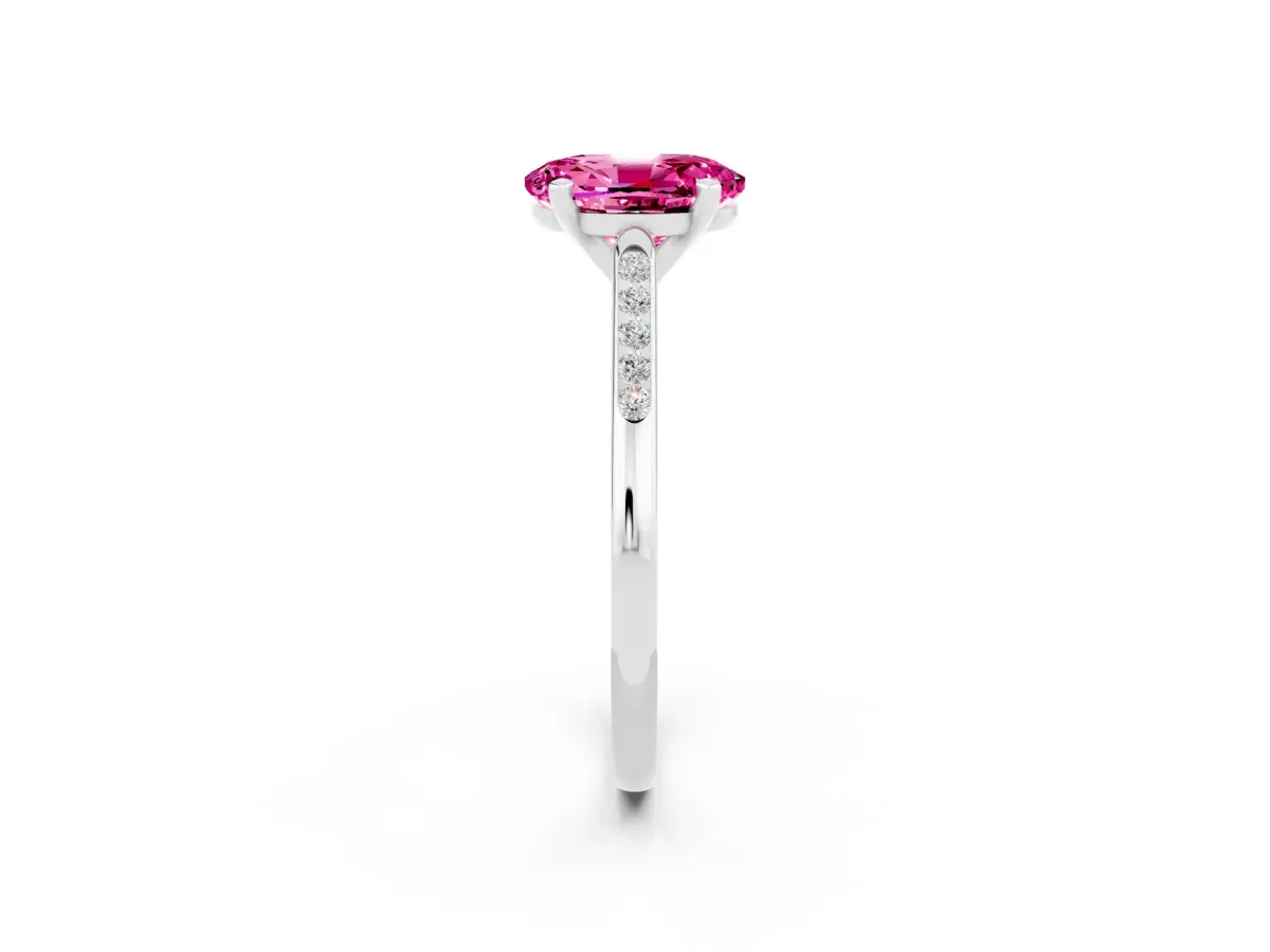 Oval Cut Pink Sapphire Solitaire Ring with Channel Set Round Band and Prong Setting Silver