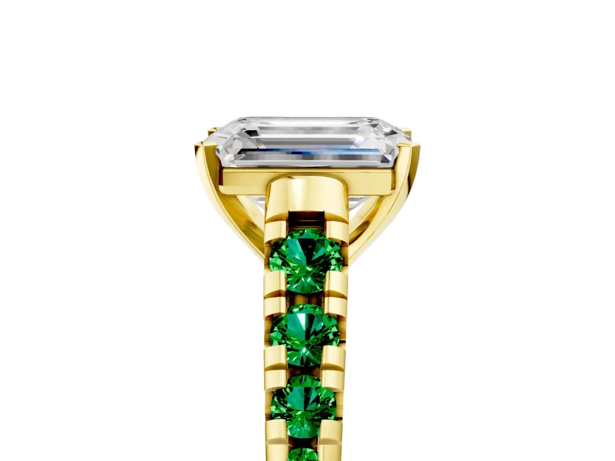 Emerald Cut Diamond Cathedral Solitaire Ring with Round Emerald Pavé Band Yellow gold