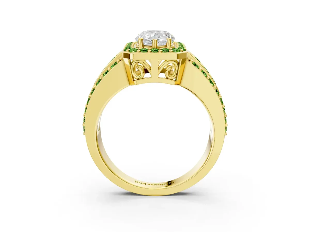 Pear Cut Halo Diamond Ring with Round Peridot Split Shank and Prong Setting Yellow gold
