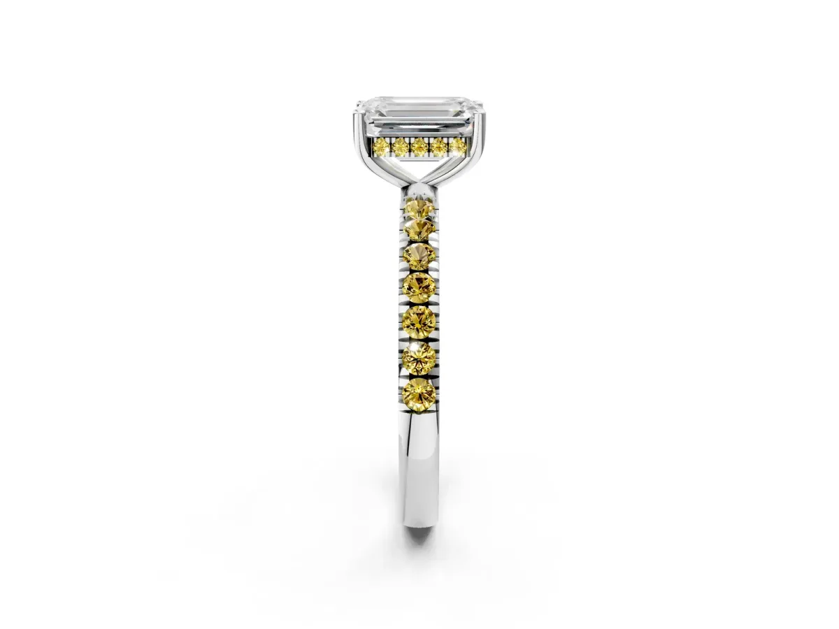 Emerald Cut Diamond Pave Band Solitaire Ring with Round Yellow Sapphire and Prong Setting Silver
