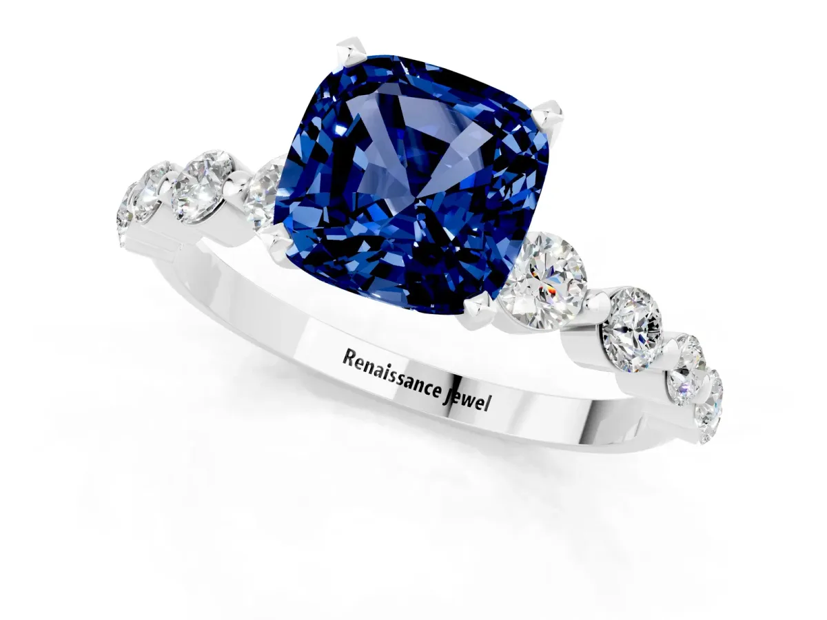 Cushion Cut Solitaire Blue Sapphire Ring with Pave Band and Four-Prong Setting Silver