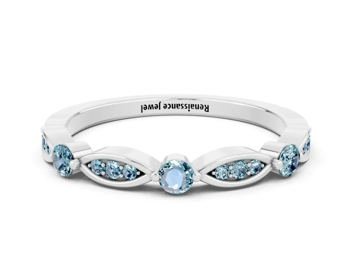 Marquise and Round Aquamarine Milgrain Band with Bezel Setting Silver