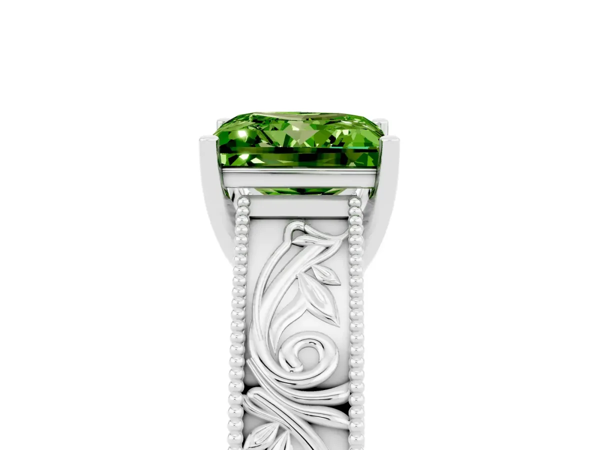 Princess Cut Peridot Solitaire Ring with Engraved Band and Four-Prong Setting White gold