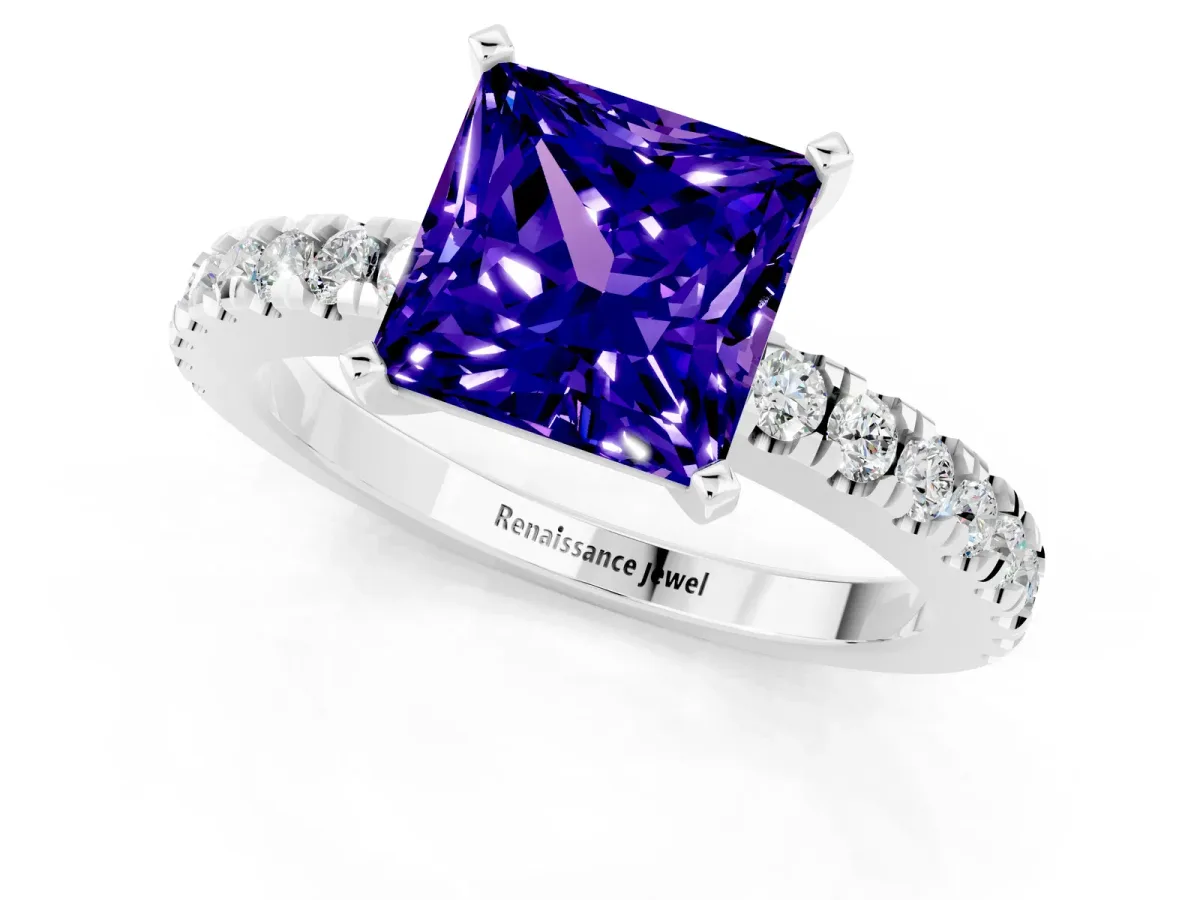Princess Cut Solitaire Tanzanite with Pavé Band and Four-Prong Setting Silver