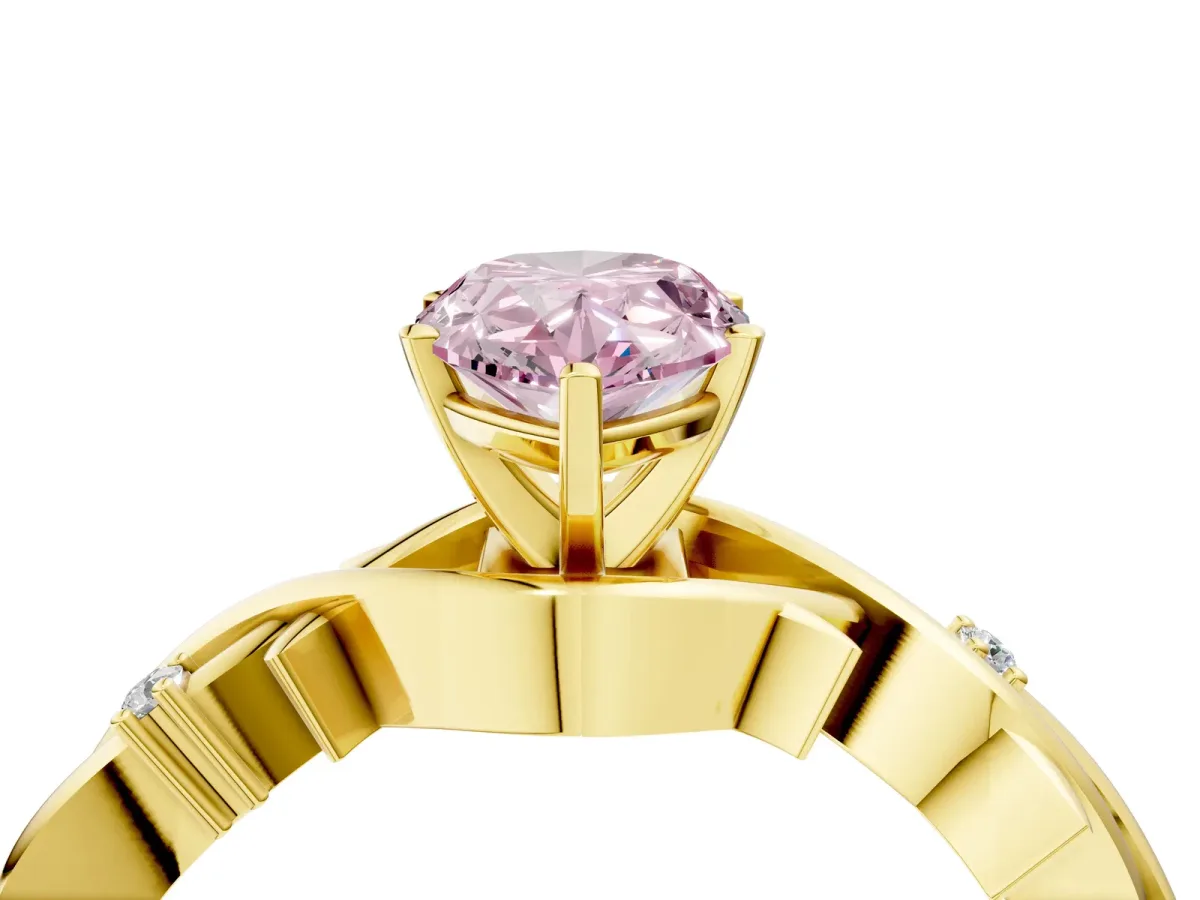 Fancy Pink Pear Cut Diamond Solitaire Ring with Twisted Band and Prong Setting Yellow gold