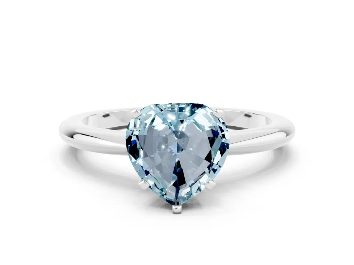 Heart Cut Aquamarine Solitaire Ring with Six-Prong Setting and Classic Band Silver