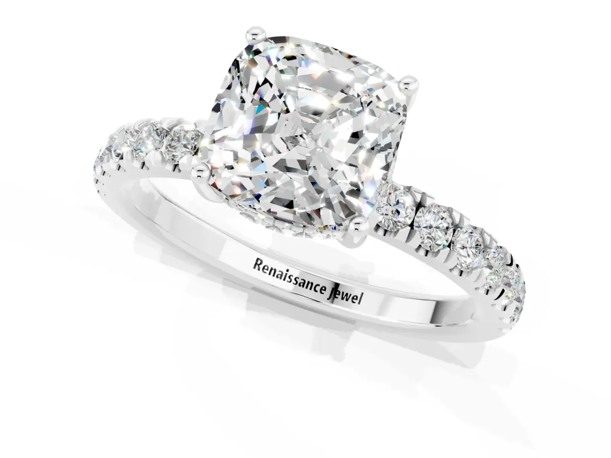 Cushion Cut Moissanite Pave Band Solitaire Ring with Round and Prong Setting Platinum