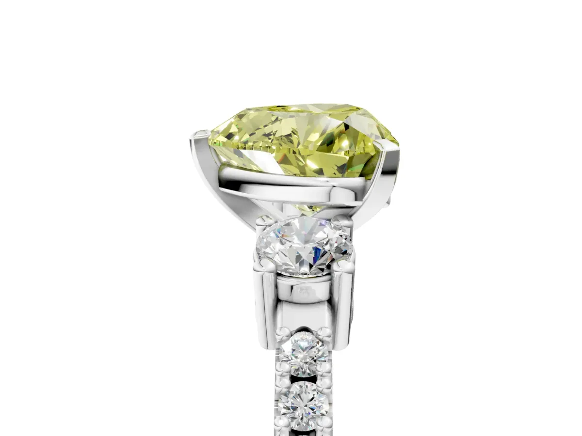 Fancy Yellow Heart Cut Cut Three-Stone Diamond Pavé Band with Prong Setting Platinum