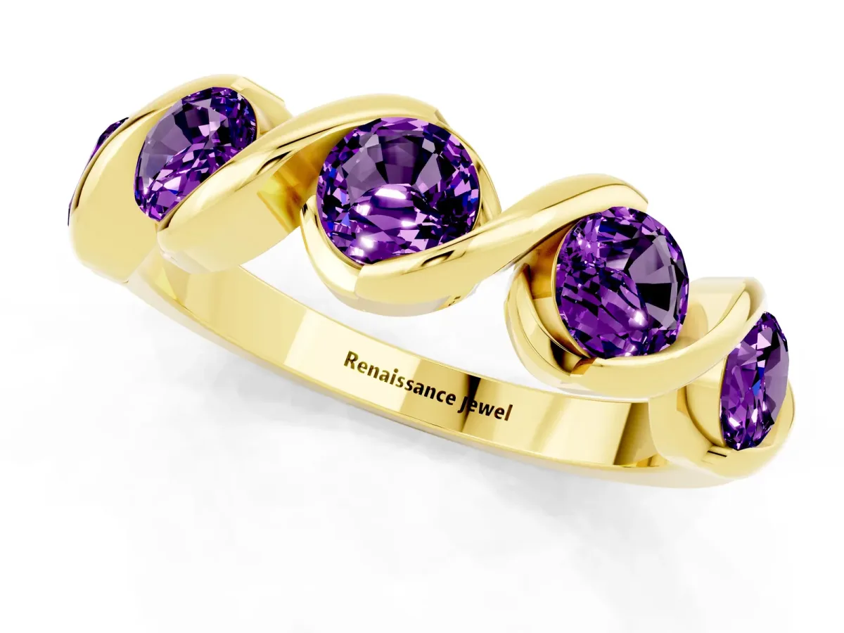 Round Amethyst Wave Band with Channel Setting and Shared Prongs Yellow gold