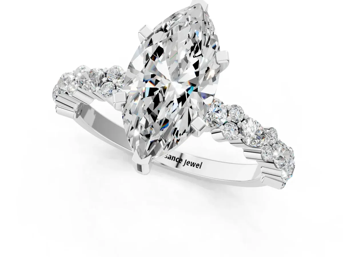 Marquise Cut Diamond Side Stone Solitaire Ring with Round Moissanite and Four-Prong Setting Silver