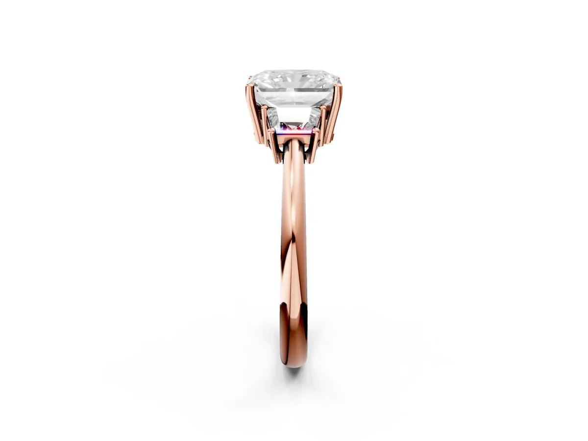 Radiant Cut Diamond Three-Stone Ring with Trapezoid Side Stones and Prong Setting Rose gold