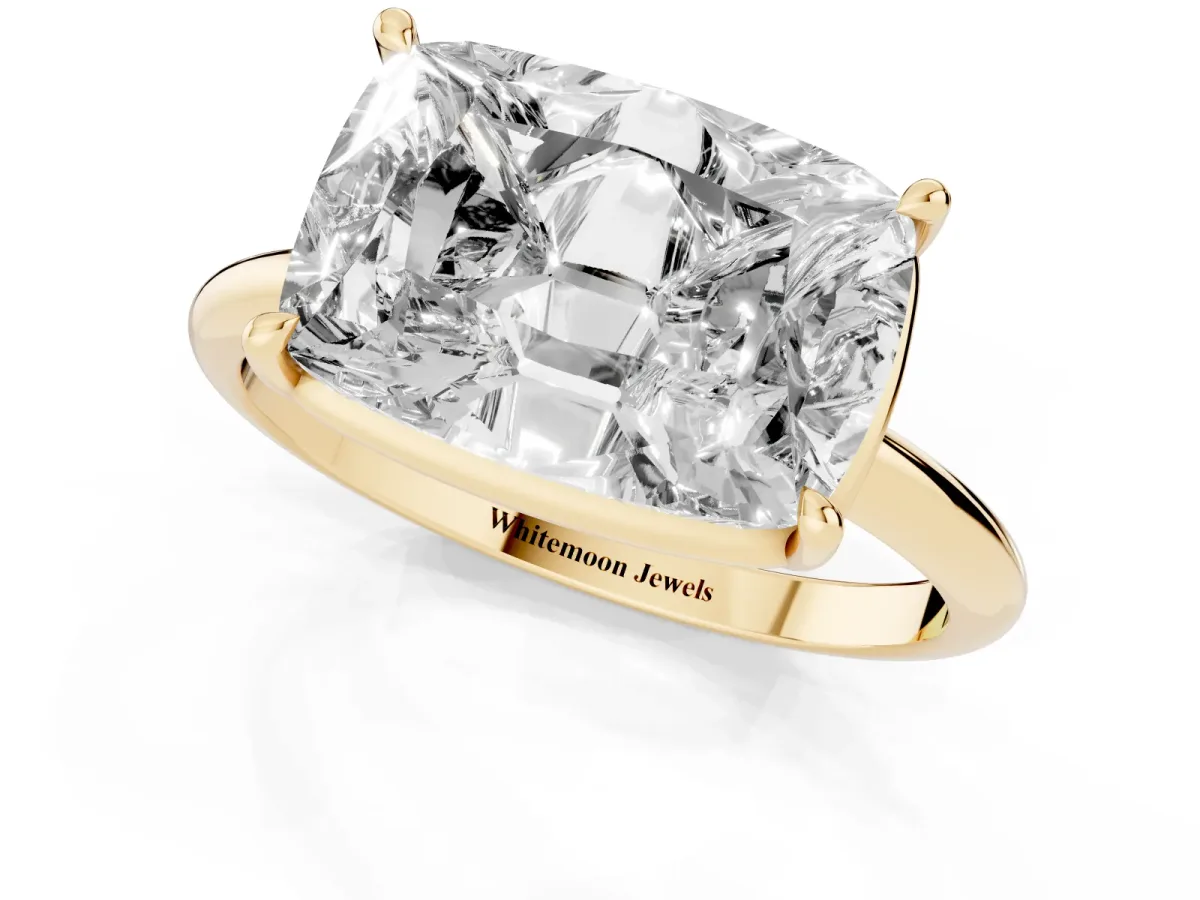 Old Mine Elongated Cushion Diamond East-West Bezel Set Four Claw Solitaire Ring Yellow gold
