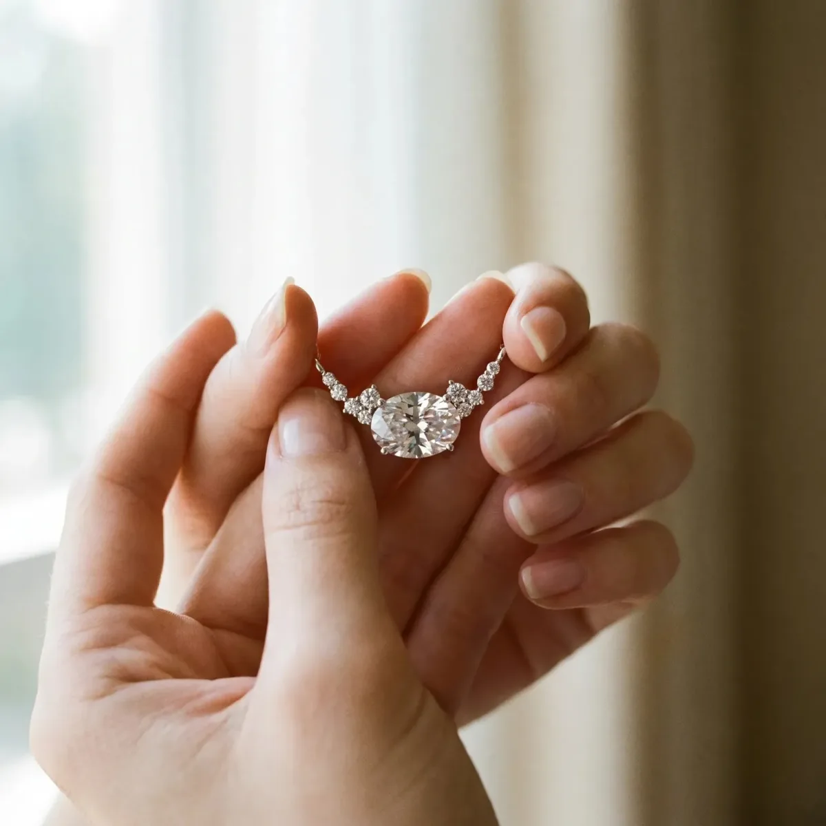 Oval Diamond Pendant with Heart Accents and Prong Setting Silver