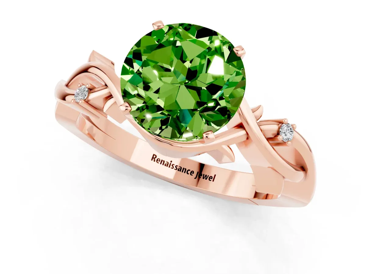 Round Cut Peridot Solitaire Ring with Twisted Band and Prong Setting Rose gold
