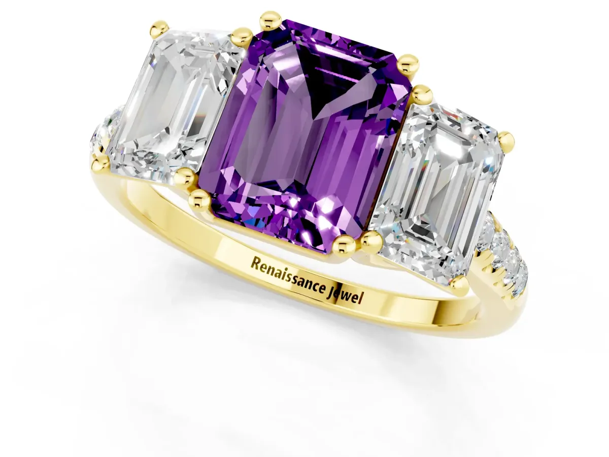 Three-Stone Emerald Cut Amethyst Ring with Round Pavé Band and Prong Setting Yellow gold