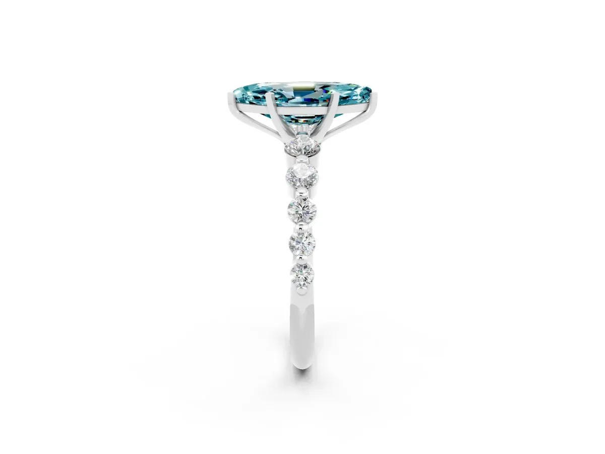 Marquise Cut Solitaire Blue Topaz Ring with Pave Band and Four-Prong Setting Silver