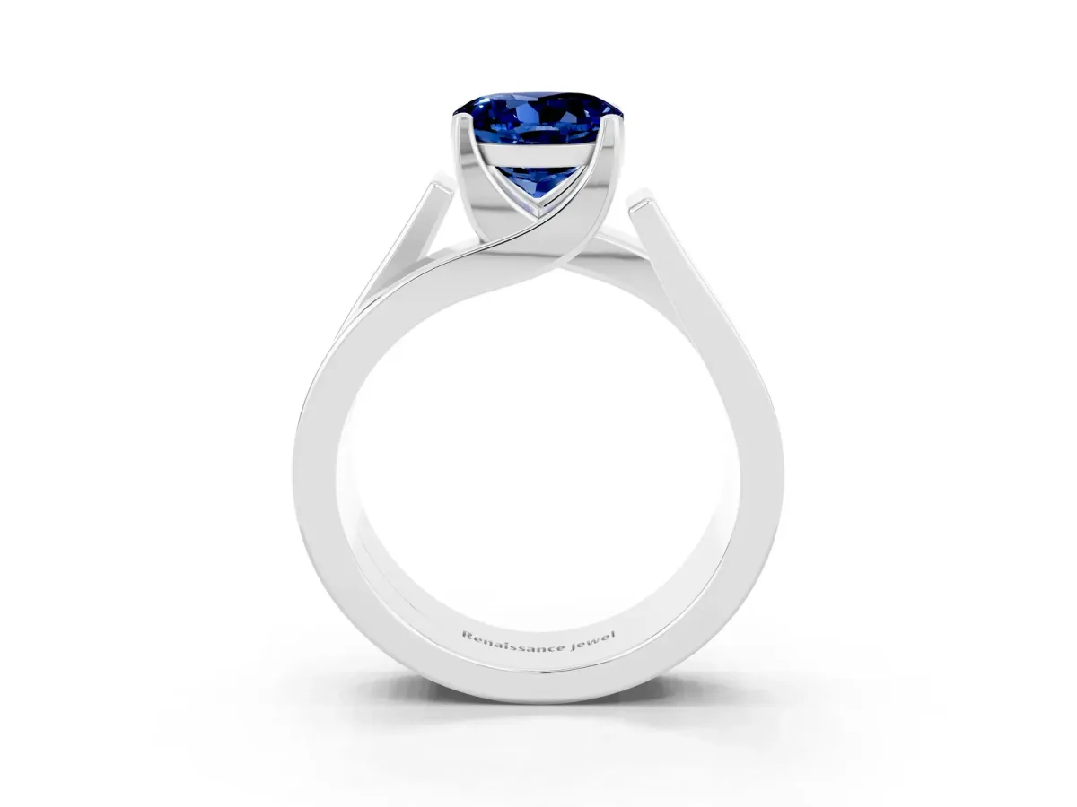 Modern Tension Set Round Cut Blue Sapphire Solitaire Wide Band Ring Silver