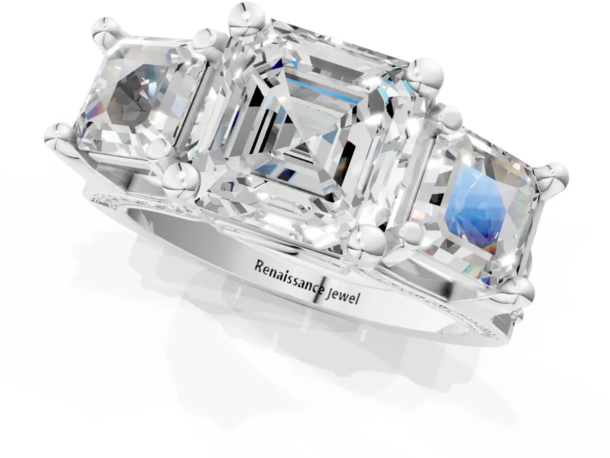 Asscher Cut Diamond Three-Stone Ring with Channel Set Band and Four-Prong Setting Platinum