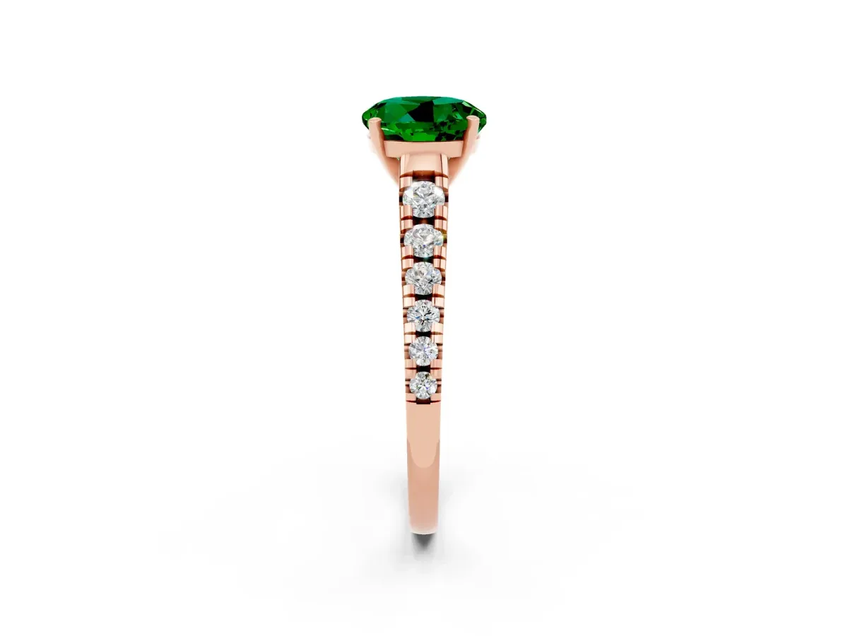 Round Cut Emerald Cathedral Solitaire Ring with Round Pavé Band Rose gold