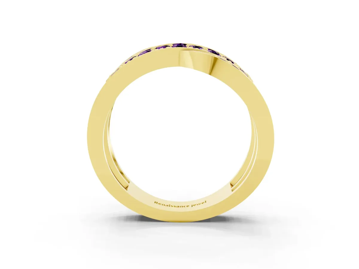 Pavé Round Amethyst Crossover Band with Bead Prong Setting Yellow gold